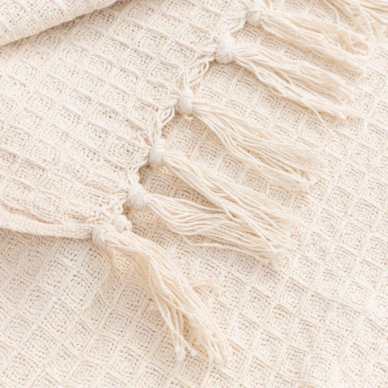 TIB® Cotton Throw Blanket,125x150 cm, Throws for Sofa and Couch 3 Seater 120 TC with Fringes, (Beige) - Image 4