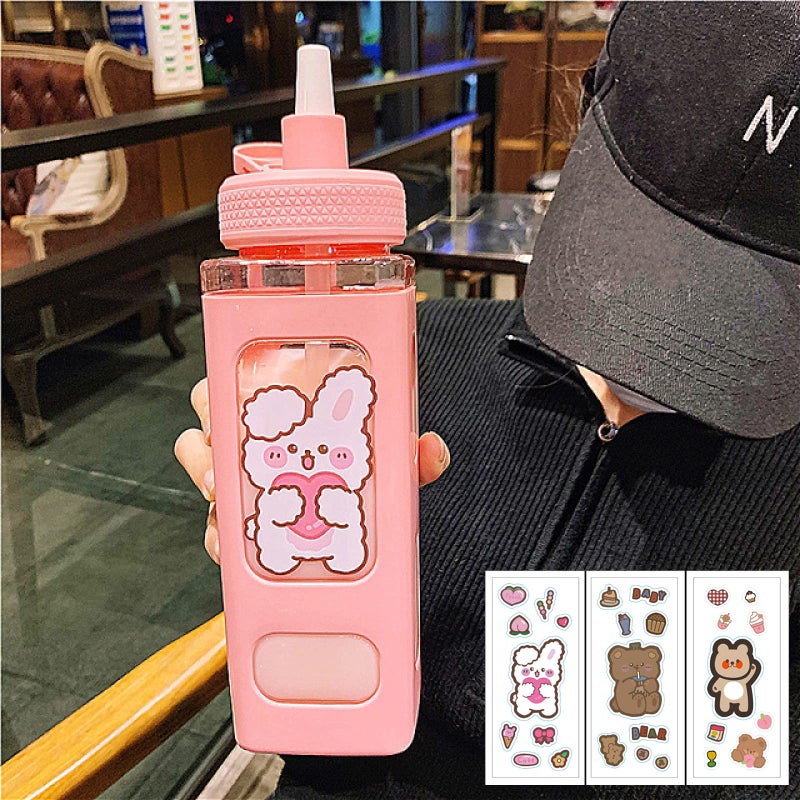 PEXIZUAN Kawaii Bear Water Bottle With Straw Sport Plastic Portable Square Drinking Bottle For Girl Cute Juice Tea Water Cups 700ml(Pink,700ml) - Image 2