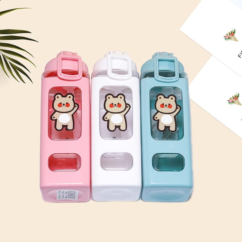 PEXIZUAN Kawaii Bear Water Bottle With Straw Sport Plastic Portable Square Drinking Bottle For Girl Cute Juice Tea Water Cups 700ml(Pink,700ml) - Image 5