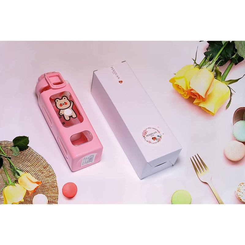 PEXIZUAN Kawaii Bear Water Bottle With Straw Sport Plastic Portable Square Drinking Bottle For Girl Cute Juice Tea Water Cups 700ml(Pink,700ml) - Image 3
