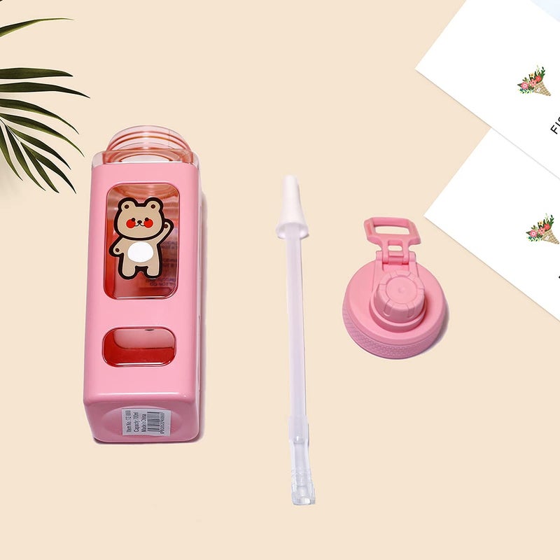 PEXIZUAN Kawaii Bear Water Bottle With Straw Sport Plastic Portable Square Drinking Bottle For Girl Cute Juice Tea Water Cups 700ml(Pink,700ml) - Image 4