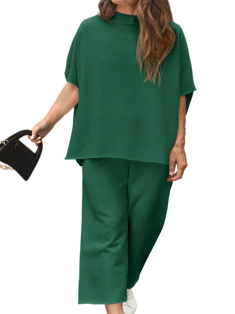 Beautife Women's Plus Size 2 Piece Outfits 3/4 Batwing Sleeve Capelet Crew Neck Pullover Top Wide Leg Pants Lounge Set Dark Green - Image 1