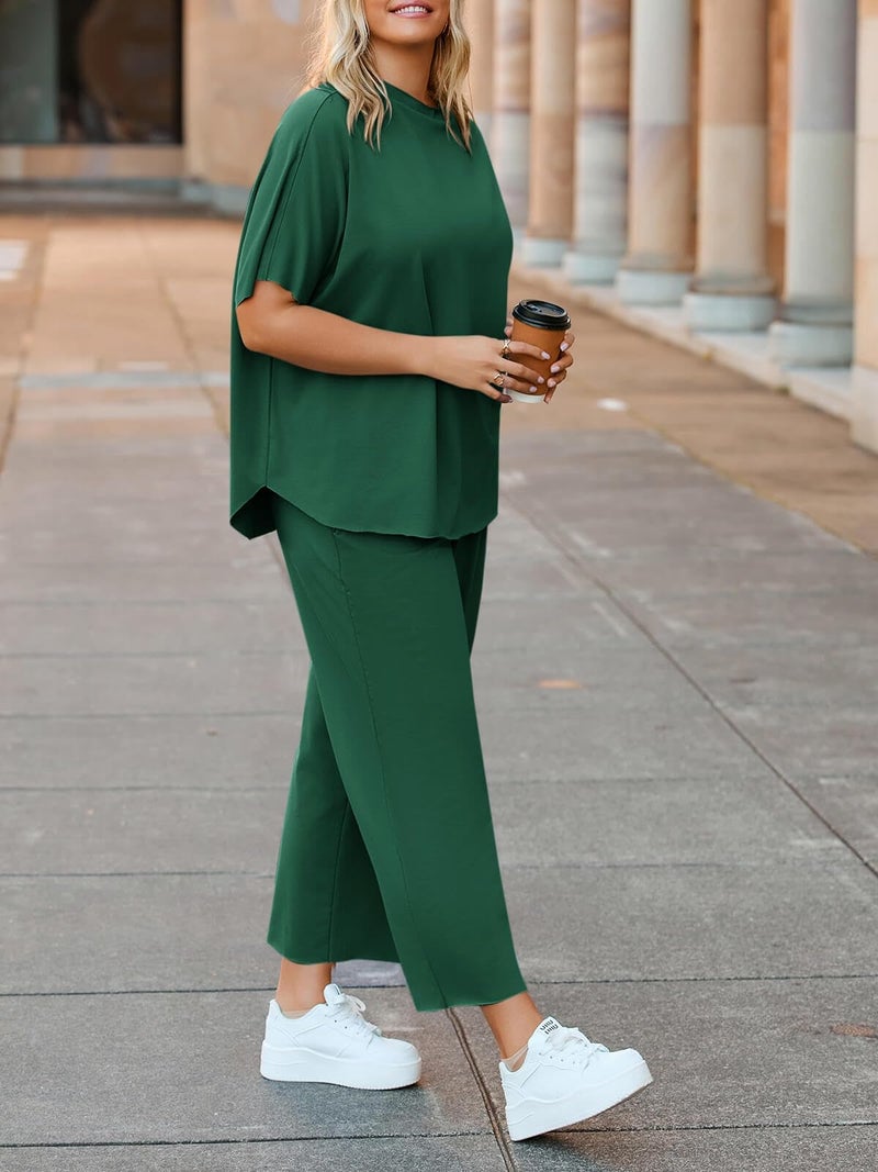 Beautife Women's Plus Size 2 Piece Outfits 3/4 Batwing Sleeve Capelet Crew Neck Pullover Top Wide Leg Pants Lounge Set Dark Green - Image 4