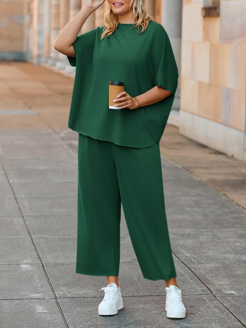 Beautife Women's Plus Size 2 Piece Outfits 3/4 Batwing Sleeve Capelet Crew Neck Pullover Top Wide Leg Pants Lounge Set Dark Green - Image 2