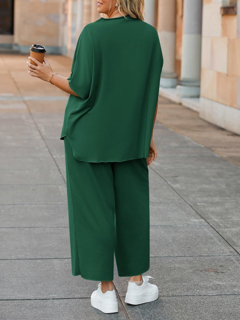 Beautife Women's Plus Size 2 Piece Outfits 3/4 Batwing Sleeve Capelet Crew Neck Pullover Top Wide Leg Pants Lounge Set Dark Green - Image 5