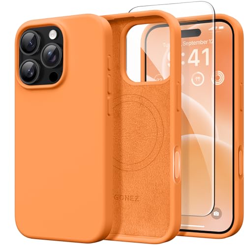 GONEZ Magnetic for iPhone 16 Pro Case, [Compatible with MagSafe] Anti-Scratch Microfiber Lining & Screen Protector, Silicone Camera Control, Shockproof Slim Phone Cover 6.3 inch, Orange - Image 1