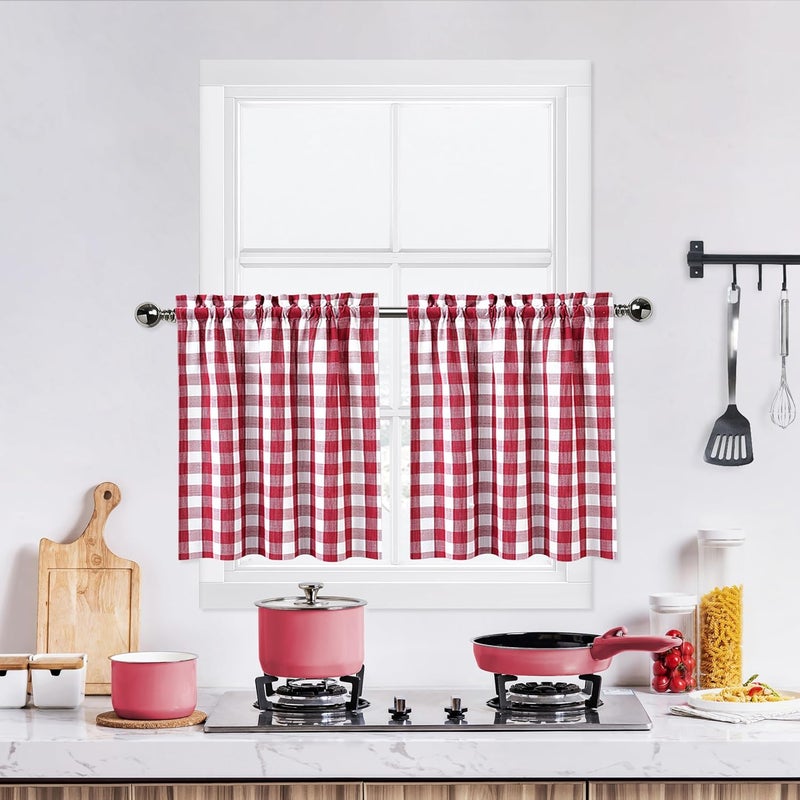 Bapawfish Red and White Tier Kitchen Curtains 30 Inches Long,Burgundy Buffalo Plaid Gingham Rod Pocket Window Treatment Set Half Window Cafe Curtains for Kitchen Bathroom,28"Wx30"L,Red/White,Set of 2 - Image 1