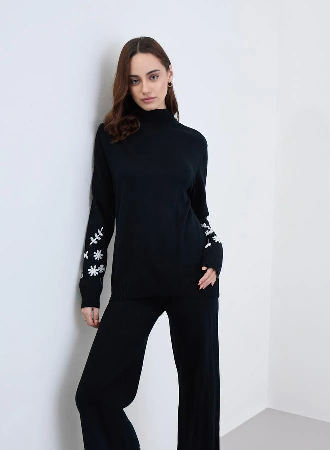 Black Embroidered Sweater and Pants Co-Ords