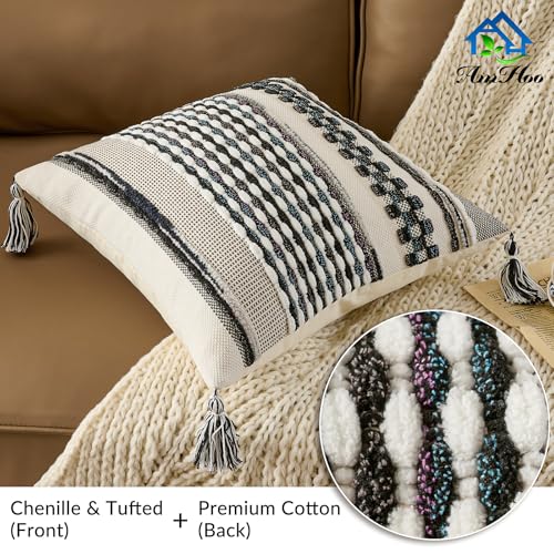 AmHoo Chenille Striped Textured Boho Throw Pillow Covers Aesthetic with Tassels Woven Decorative Pillow Case for Couch Bed Sofa Bedroom Modern Funky 18 x 18Inch Black Multicolor - Image 3