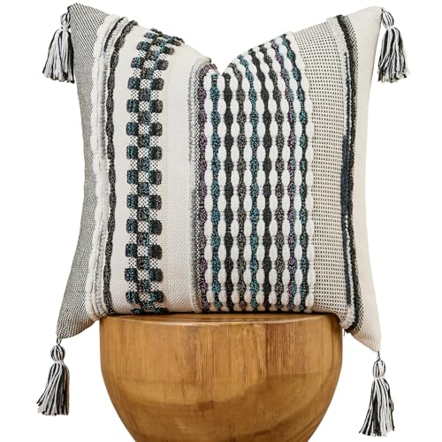 AmHoo Chenille Striped Textured Boho Throw Pillow Covers Aesthetic with Tassels Woven Decorative Pillow Case for Couch Bed Sofa Bedroom Modern Funky 18 x 18Inch Black Multicolor - Image 1