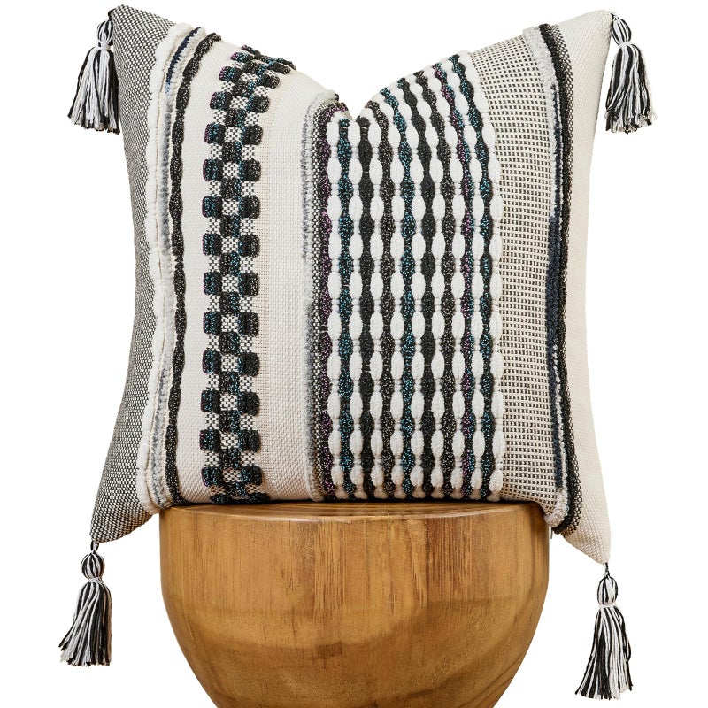 AmHoo Chenille Striped Textured Boho Throw Pillow Covers Aesthetic with Tassels Woven Decorative Pillow Case for Couch Bed Sofa Bedroom Modern Funky 18 x 18Inch Black Multicolor - Image 2