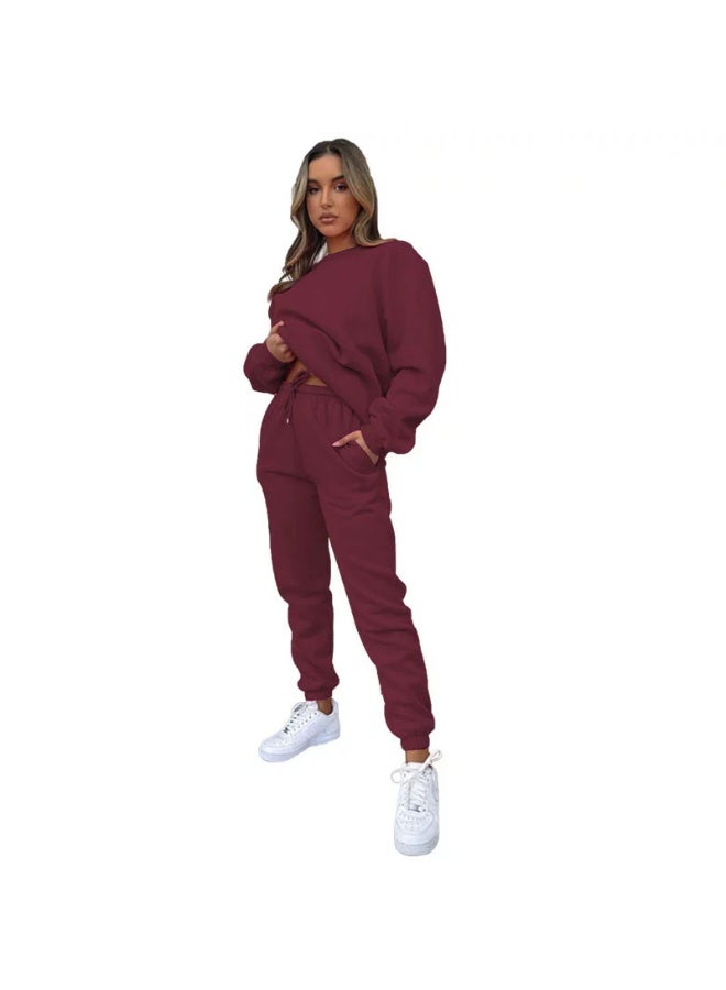 general Winter/ Autumn Solid-color Round-neck Pullover Pants for Women - Fashionable Casual Long-sleeved Sweatshirt Set - Image 1