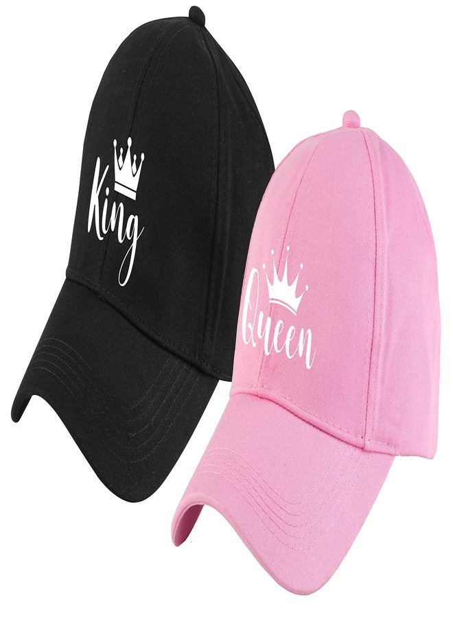 AICA King Queen Cotton Cap for Couples Bride Groom� Black & Pink, Adjustable Strap, Free Size (Pack of 2) |Pre Wedding Anniversary Photo Shoot Props - Image 1