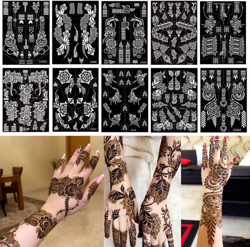PPVWEY Global light sturdy raw material 10 Sheets Henna Tattoo Stencils 10 Pair Arm Hand Tattoo Template Temporary Indian Arabian Glitter Airbrush Tattoo Stickers for Face Body Paint DIY (Black) Foldable - Image 1