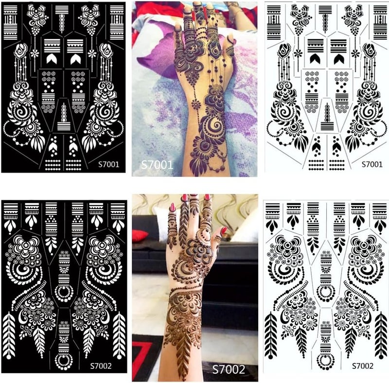 PPVWEY Global light sturdy raw material 10 Sheets Henna Tattoo Stencils 10 Pair Arm Hand Tattoo Template Temporary Indian Arabian Glitter Airbrush Tattoo Stickers for Face Body Paint DIY (Black) Foldable - Image 5