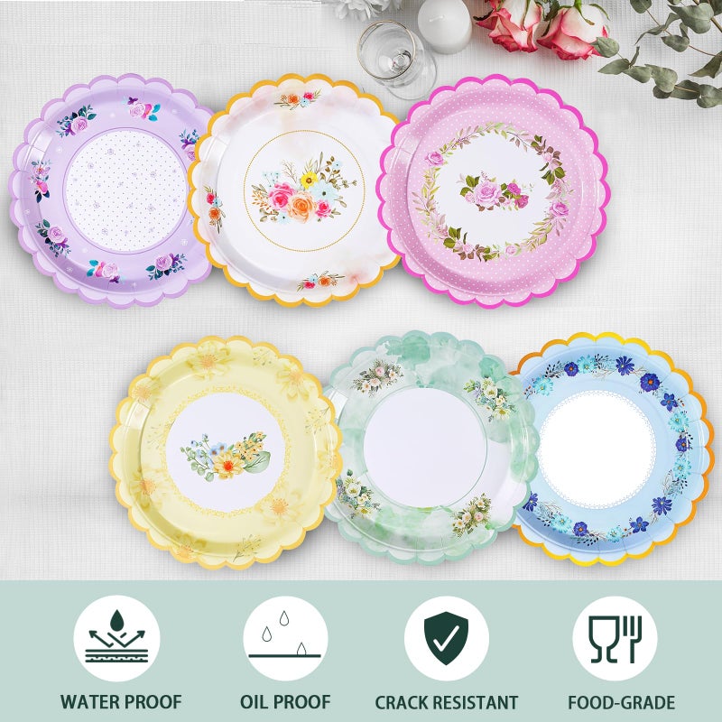 Tyzarglef 48 PCS Floral Paper Plates for Tea Party Decorations, 7 inch Disposable dessert plates for Bridal Shower, Garden, Wedding, Mother's Day Afternoon Tea Party - Image 3