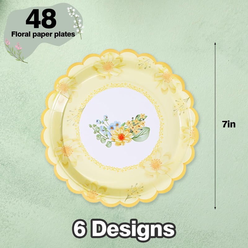 Tyzarglef 48 PCS Floral Paper Plates for Tea Party Decorations, 7 inch Disposable dessert plates for Bridal Shower, Garden, Wedding, Mother's Day Afternoon Tea Party - Image 2