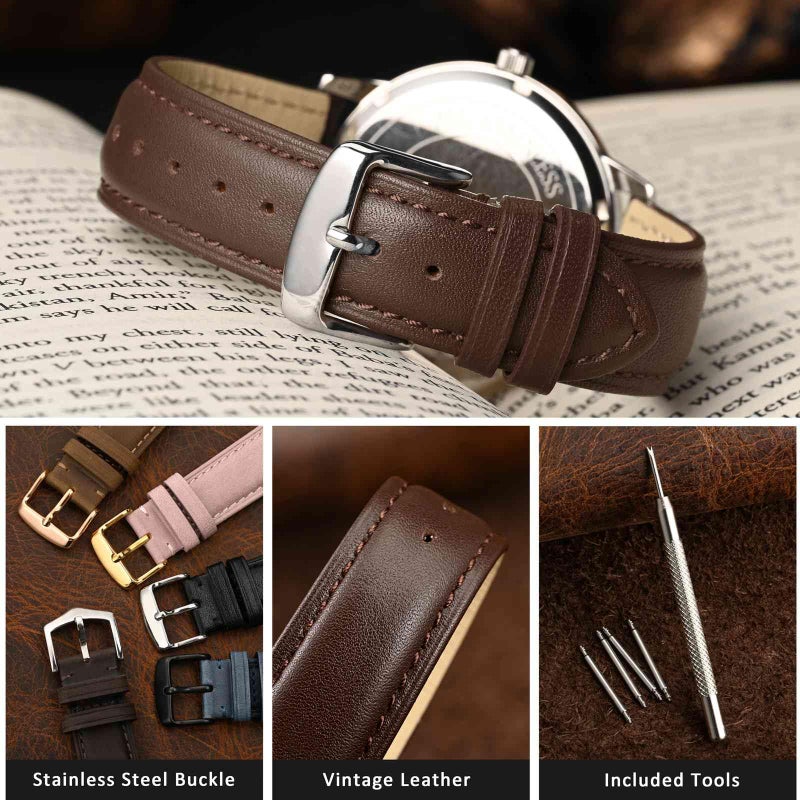 WOCCI 18mm Vintage Leather Watch Band for Men and Women, Silver Buckle (Dark Brown) - Image 3