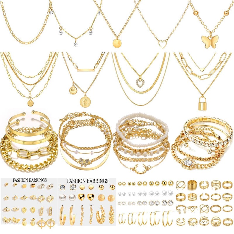 IFNODO 98pcs Gold Jewelry Set for Women Trendy Costume Jewelry Gold Plated Necklace Bracelet Gold Earrings And Rings Set for Women Friendship Gift Set - Image 1