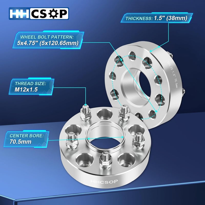 HHCSOP 5x4.75 Wheel Spacers 1.5" (38mm) Bore 70.5mm with M12X1.5 Studs - 2PCS - Image 3