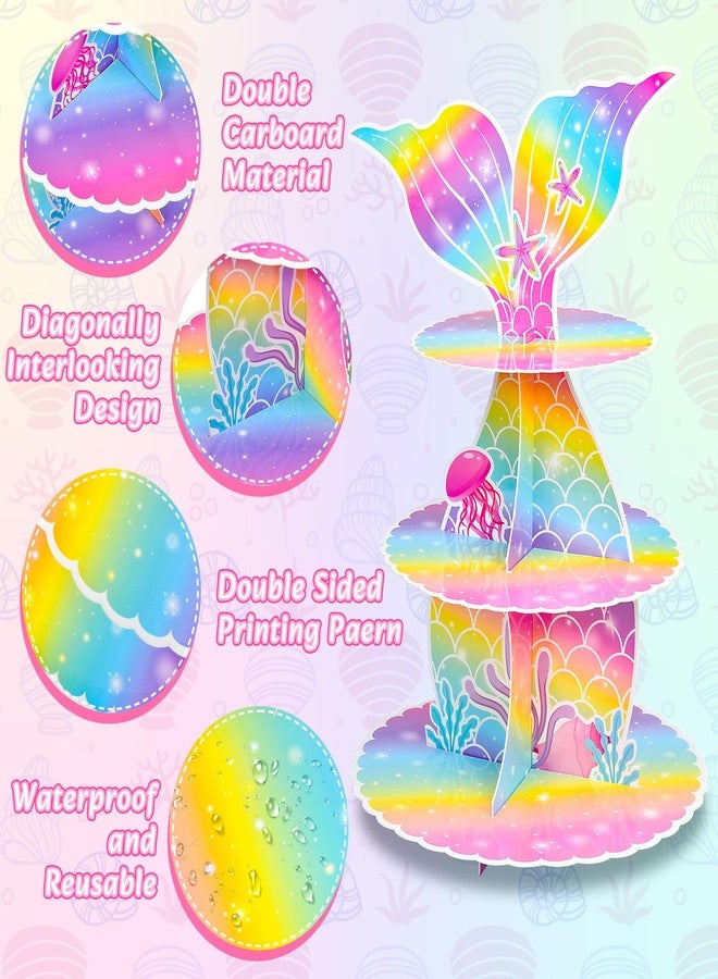 AuSletie Mermaid Cupcake Stand, 3-Tier Cardboard Cupcake Stand Party Decorations Under the Sea Theme Cupcake Holder Decorations Mermaid Dessert Tower for Girls Kids Mermaid Theme Party Birthday Supplies - Image 2