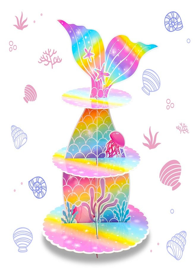 AuSletie Mermaid Cupcake Stand, 3-Tier Cardboard Cupcake Stand Party Decorations Under the Sea Theme Cupcake Holder Decorations Mermaid Dessert Tower for Girls Kids Mermaid Theme Party Birthday Supplies - Image 1
