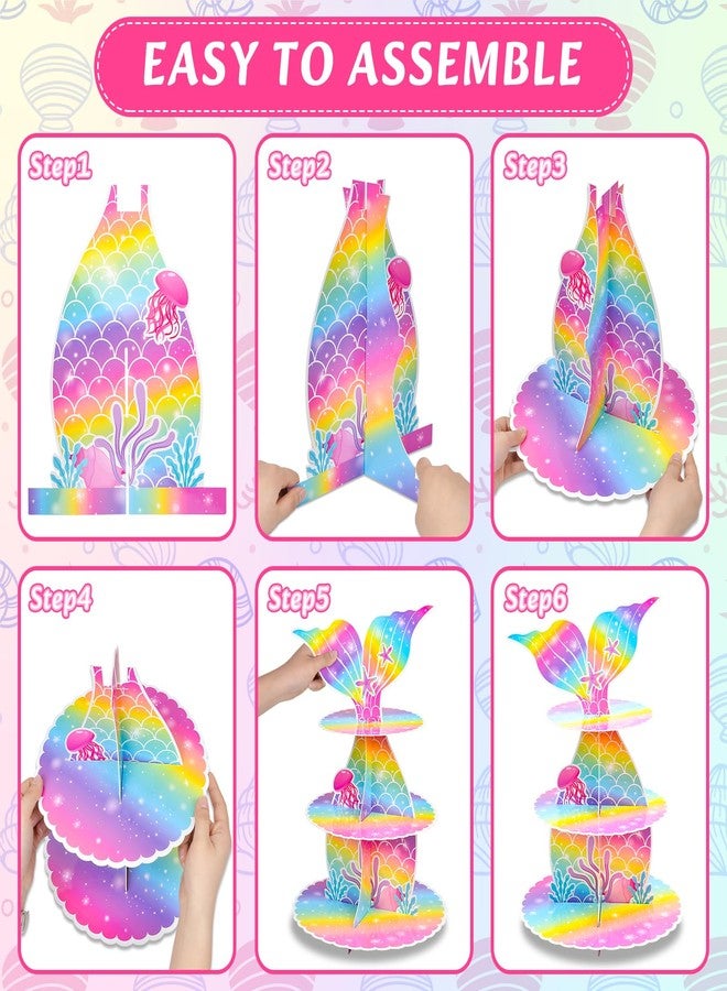 AuSletie Mermaid Cupcake Stand, 3-Tier Cardboard Cupcake Stand Party Decorations Under the Sea Theme Cupcake Holder Decorations Mermaid Dessert Tower for Girls Kids Mermaid Theme Party Birthday Supplies - Image 4