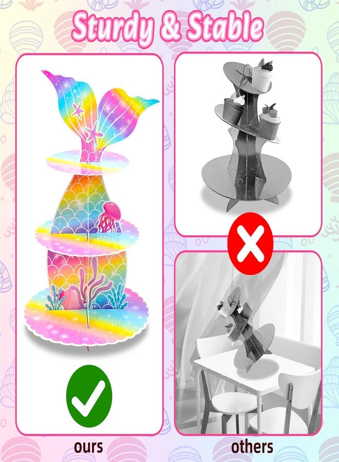 AuSletie Mermaid Cupcake Stand, 3-Tier Cardboard Cupcake Stand Party Decorations Under the Sea Theme Cupcake Holder Decorations Mermaid Dessert Tower for Girls Kids Mermaid Theme Party Birthday Supplies - Image 5