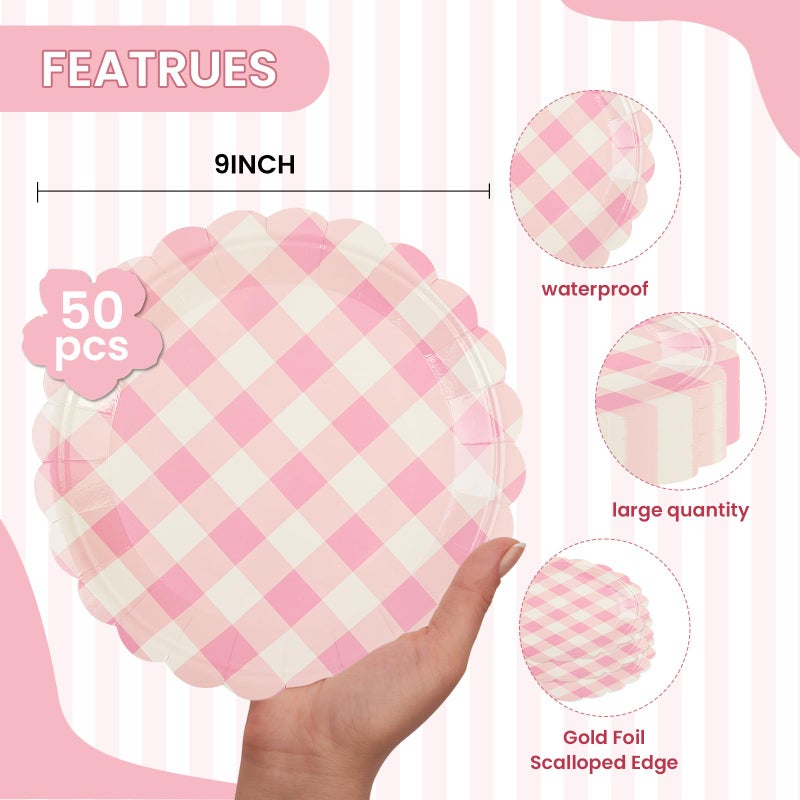 PUEVENYI 50PCS Light Pink Scalloped Paper Plates - 9Inch Striped Dessert Plates for Cake Salad Fruit Disposable Decorative Dinner Dessert Serving Plates for Valentine's Day Birthday Baby Shower Party Supplies - Image 1
