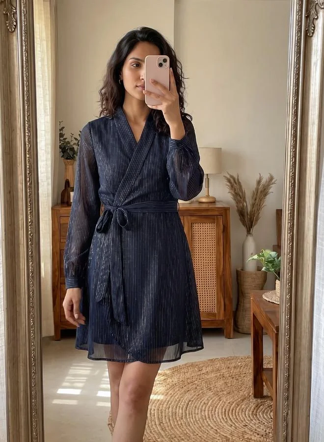 Femmella  Textured V-Neck Wrap Mini Dress with Waist Tie Detail for Women | Best Price UAE