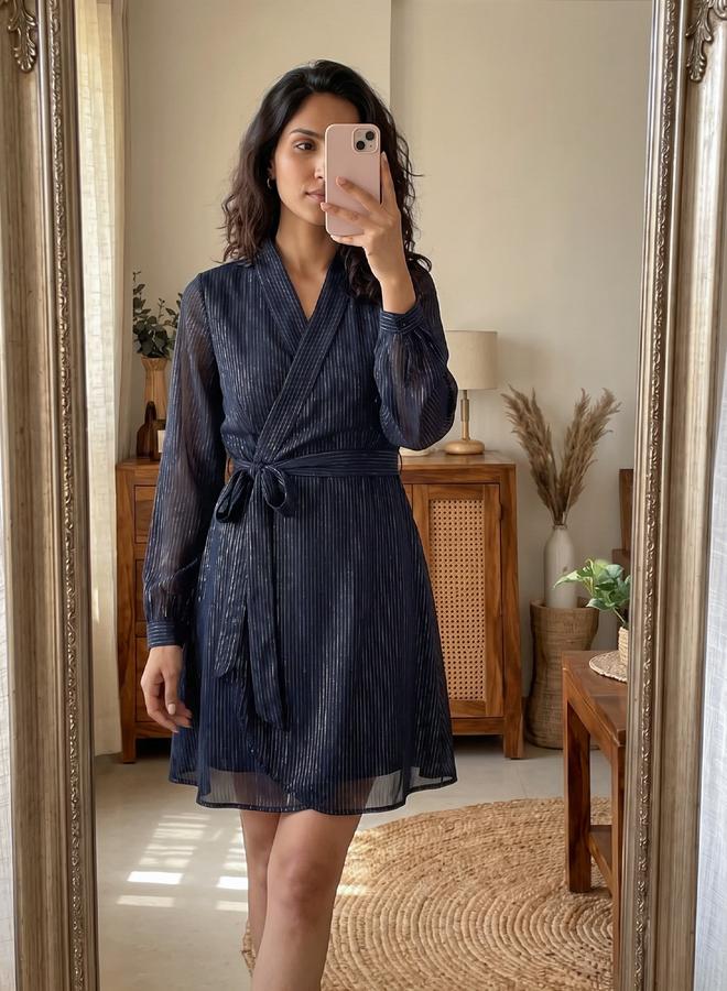 Femmella Textured V-Neck Wrap Mini Dress with Waist Tie Detail - Image 2