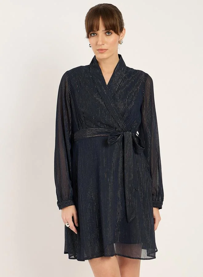 Textured V-Neck Wrap Mini Dress with Waist Tie Detail