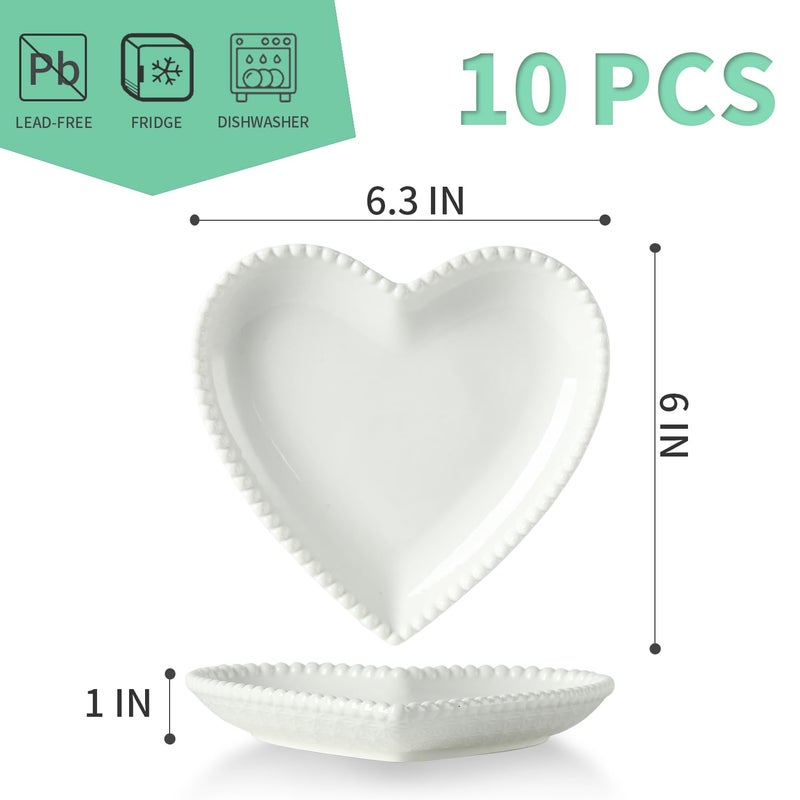 OMAYKEY 6.3 Inch Ceramic Dessert Plates Set of 10, Small Salad Plates, Porcelain Heart Shaped Appetizer Plates, Dinner Plates for Cake, Snack, Ice Cream, Microwave, Oven, Dishwasher Safe, White - Image 3