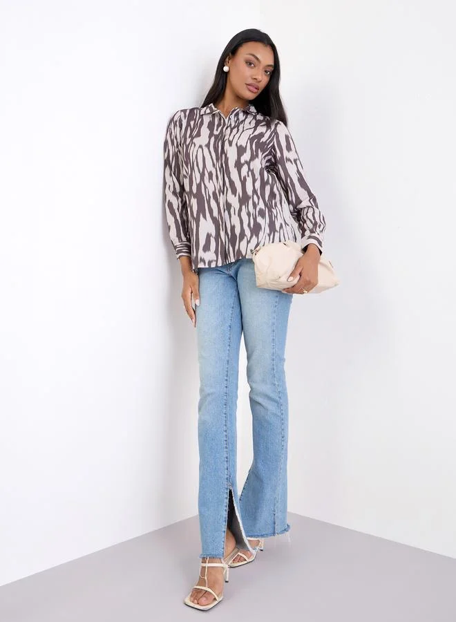 Styli Styli Brown Zebra Print Long Sleeve Shirt