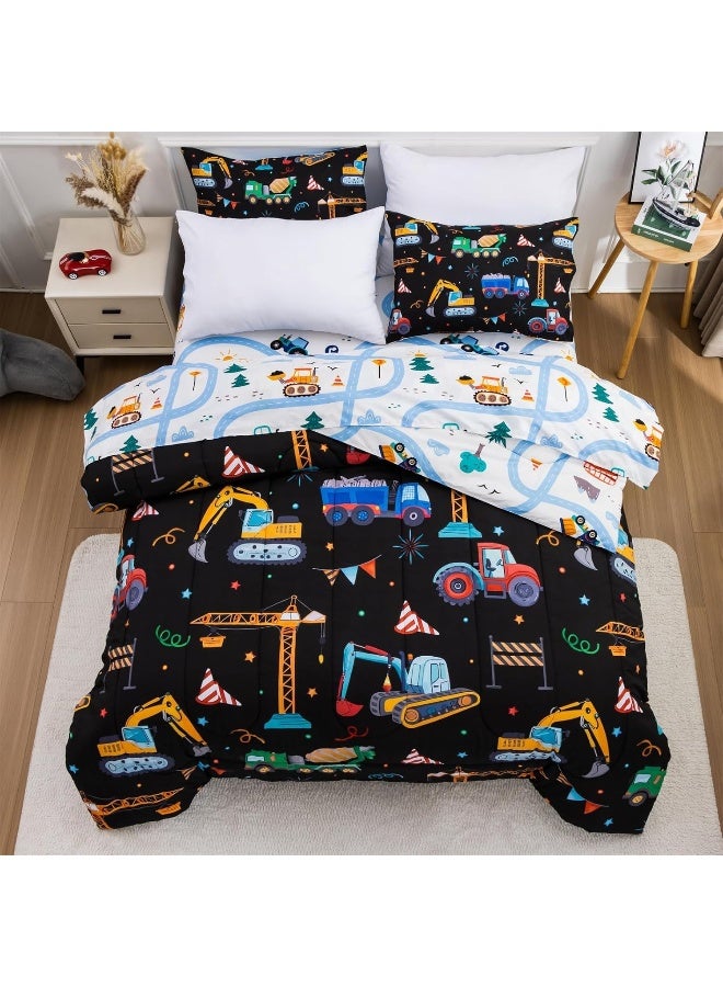 Holawakaka Trucks Tractors Cars Boys 5-Piece Bedding Comforter Sheet Set, Twin Size Cartoon Construction Car Excavator Print Kids Bed in A Bag, Excavator Mixer Truck Printed Bed Sets  - Image 2