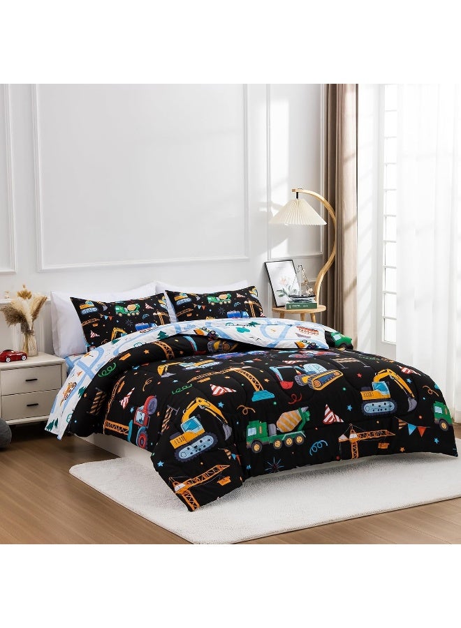 Holawakaka Trucks Tractors Cars Boys 5-Piece Bedding Comforter Sheet Set, Twin Size Cartoon Construction Car Excavator Print Kids Bed in A Bag, Excavator Mixer Truck Printed Bed Sets  - Image 3