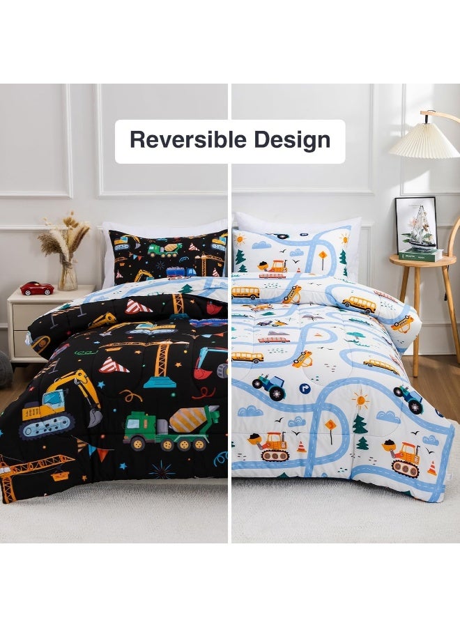 Holawakaka Trucks Tractors Cars Boys 5-Piece Bedding Comforter Sheet Set, Twin Size Cartoon Construction Car Excavator Print Kids Bed in A Bag, Excavator Mixer Truck Printed Bed Sets  - Image 4