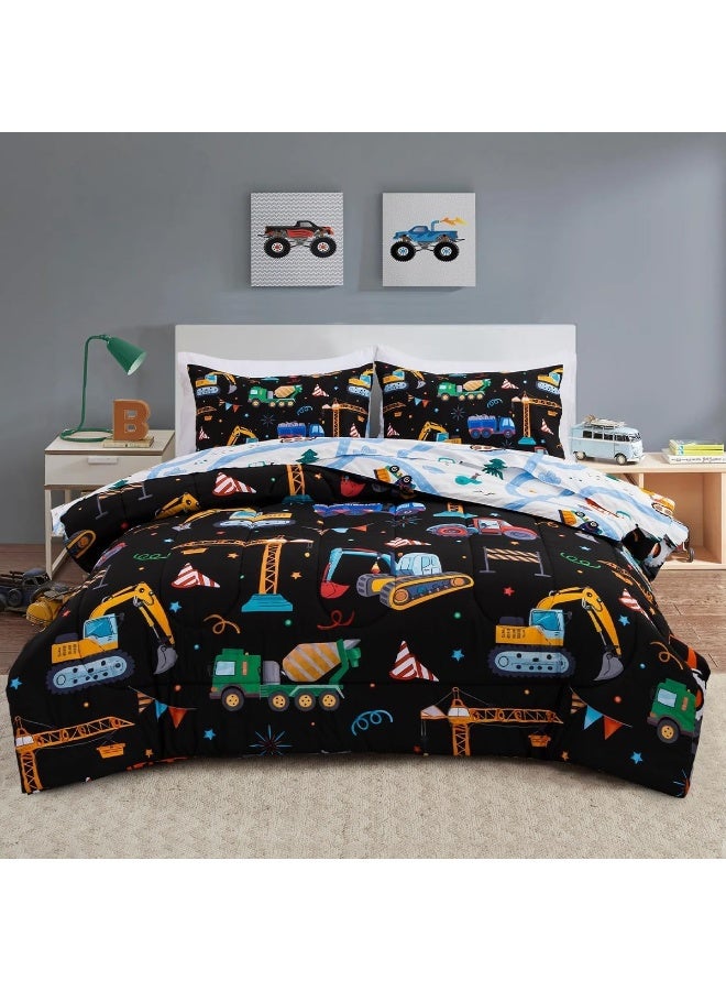 Holawakaka Trucks Tractors Cars Boys 5-Piece Bedding Comforter Sheet Set, Twin Size Cartoon Construction Car Excavator Print Kids Bed in A Bag, Excavator Mixer Truck Printed Bed Sets  - Image 1