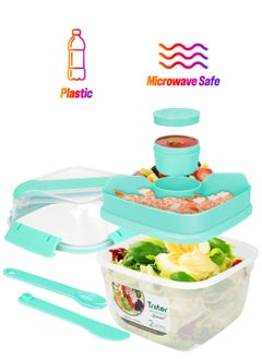 Salad Lunch Box Container, 55-oz Salad Bowl, Double Layer Bento Box with Cutlery and Sauce Container, 7-oz 3-Compartment Bento-Style Tray for Toppings and Snacks, Leak-Proof