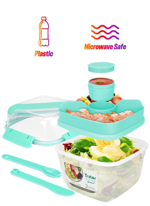 Salad Lunch Box Container, 55-oz Salad Bowl, Double Layer Bento Box with Cutlery and Sauce Container, 7-oz 3-Compartment Bento-Style Tray for Toppings and Snacks, Leak-Proof