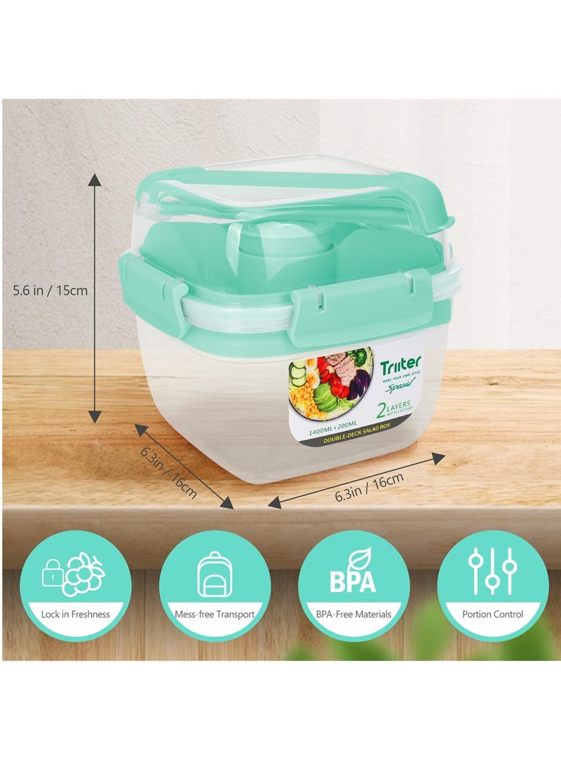 SYOSI - Salad Lunch Box Container, 55-oz Salad Bowl, Double Layer Bento Box with Cutlery and Sauce Container, 7-oz 3-Compartment Bento-Style Tray for Toppings and Snacks, Leak-Proof - Image 1