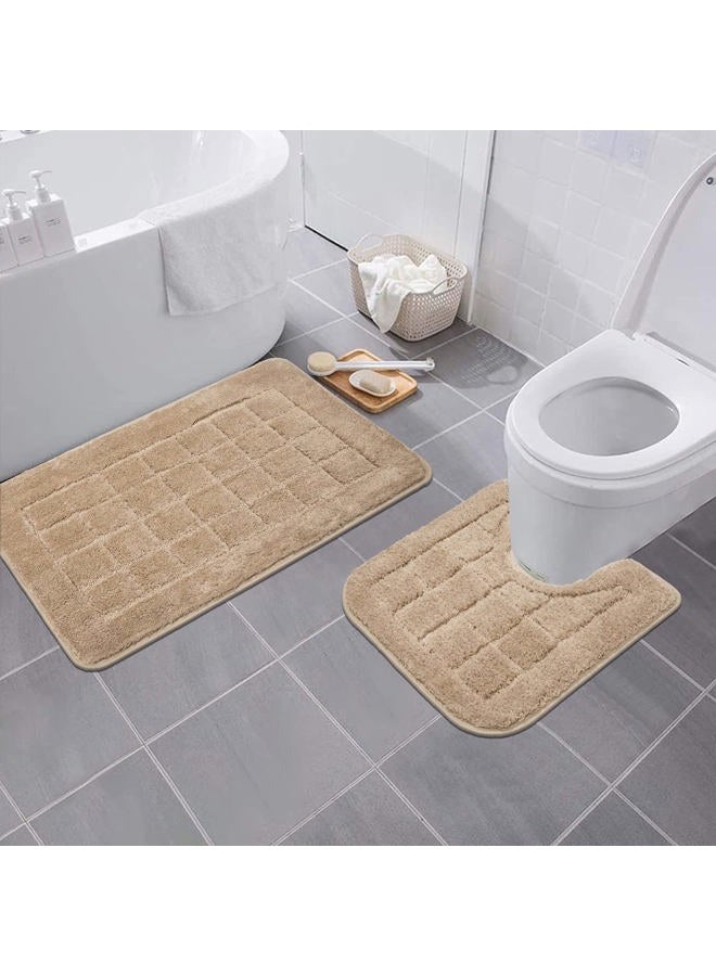 HEBE Bath Rug Set 2 Piece Beige Non Slip Bathroom Contour Rug Combo Microfiber Bath Shower Mat and U-Shaped Toilet Rug Machine Washable(21"x34"+20"x20") - Image 2