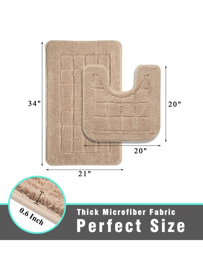 HEBE Bath Rug Set 2 Piece Beige Non Slip Bathroom Contour Rug Combo Microfiber Bath Shower Mat and U-Shaped Toilet Rug Machine Washable(21"x34"+20"x20") - Image 3