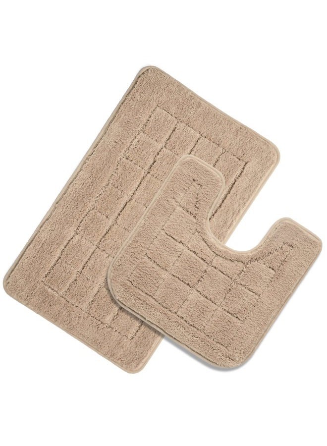 HEBE Bath Rug Set 2 Piece Beige Non Slip Bathroom Contour Rug Combo Microfiber Bath Shower Mat and U-Shaped Toilet Rug Machine Washable(21"x34"+20"x20") - Image 1