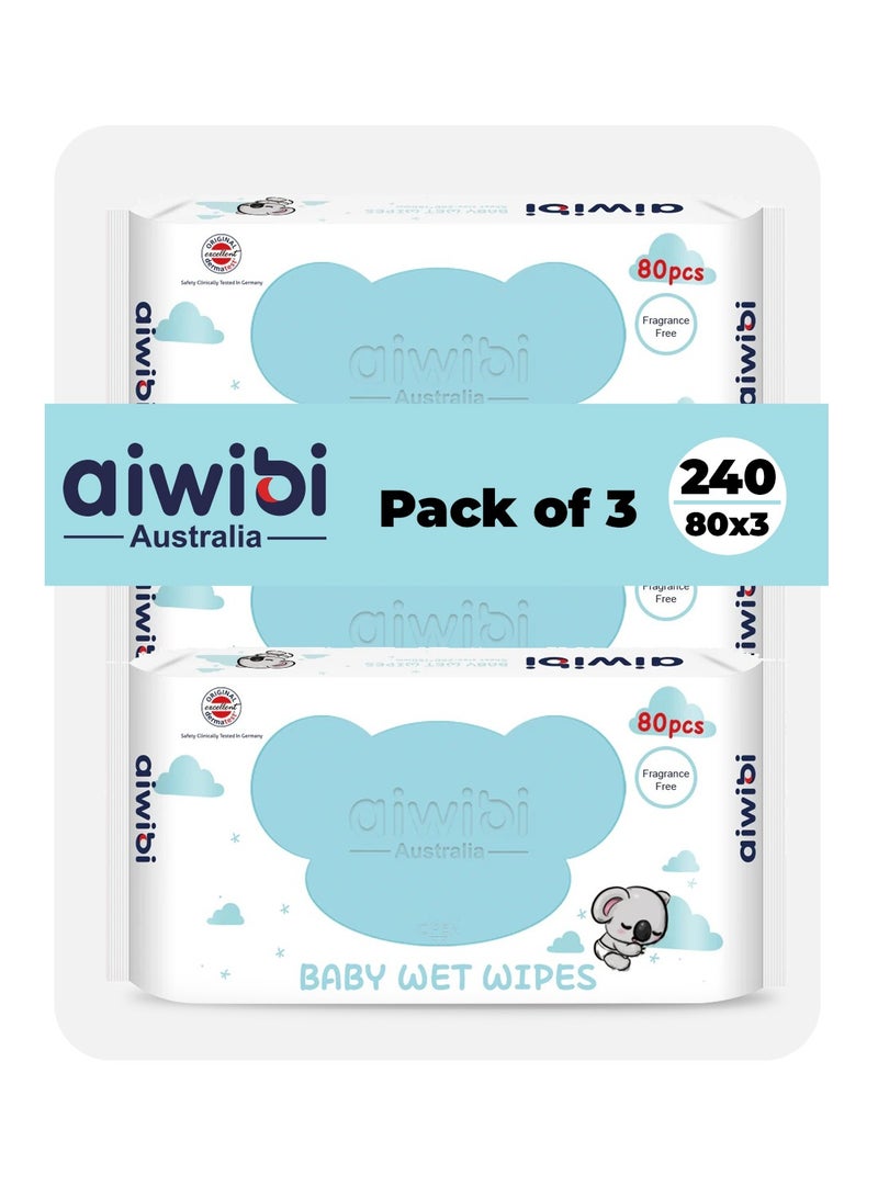 aiwibi 100% Skin-friendly Baby Wet Wipes Pack Of 3 (240 Pcs) 80 Sheets Each- Baby Wipes Ultra-Soft Wet Wipes - Paraben & Alcohol Free for Sensitive Skin Diapers Wipes (240 PCS, Fragrance Free) - Image 1