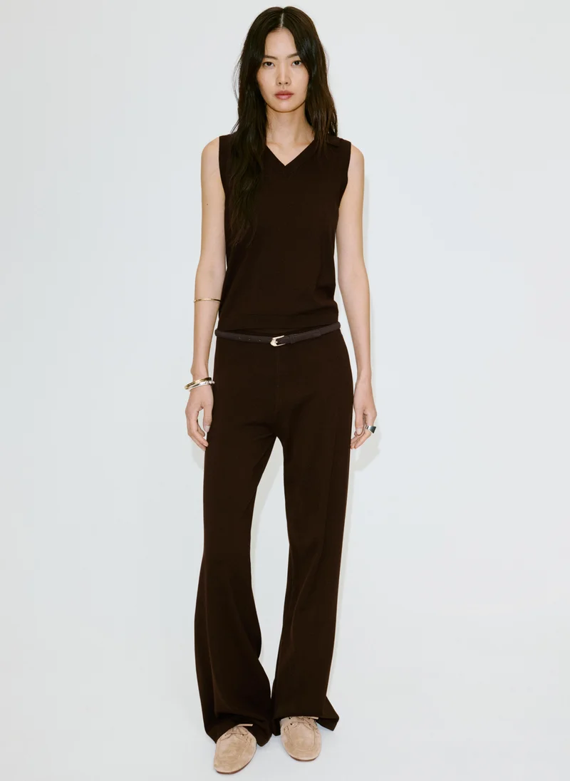 Mango 32-CHOCOLATE Fine-Knit Wide Leg Trousers for Women | Best Price UAE