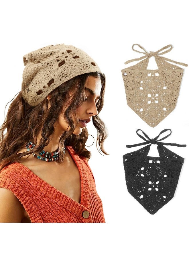 إسكدنيا وشاح شعر كروشيه مزين بالزهور مكون من قطعتين، وشاح رأس معقود برباط عتيق، وشاح رأس محبوك للنساء والفتيات - Image 1