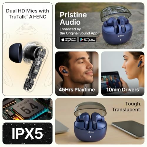 pTron Bassbuds Indie in-Ear TWS Earbuds w/ 10mm Drivers, 45Hrs Playtime, Dual HD Mic & AI-ENC Calls, Custom EQ, Mobile App, Bluetooth V5.4 Earphones, Voice Assistant, Type C Charging & IPX5 (Blue) - Image 2