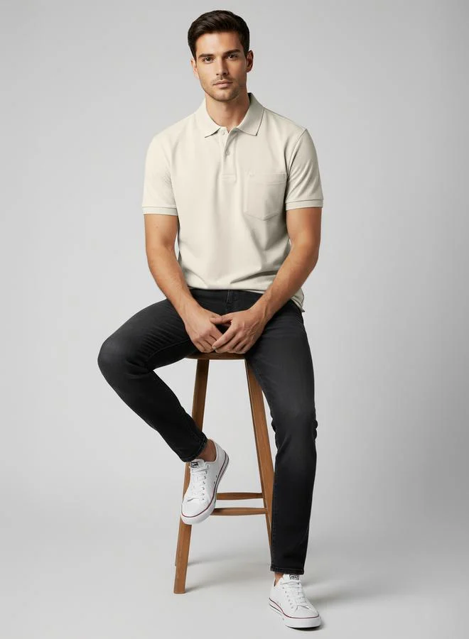 FERVORO Men Beige Cotton Polo with Pocket