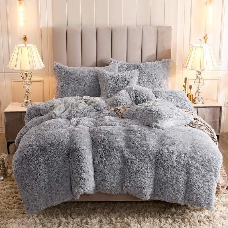 Uhamho Faux Fur Velvet Fluffy Bedding Duvet Cover Set Down Comforter Quilt Cover with Pillow Shams, Ultra Soft Warm and Durable (Queen, Light Gray) - Image 1
